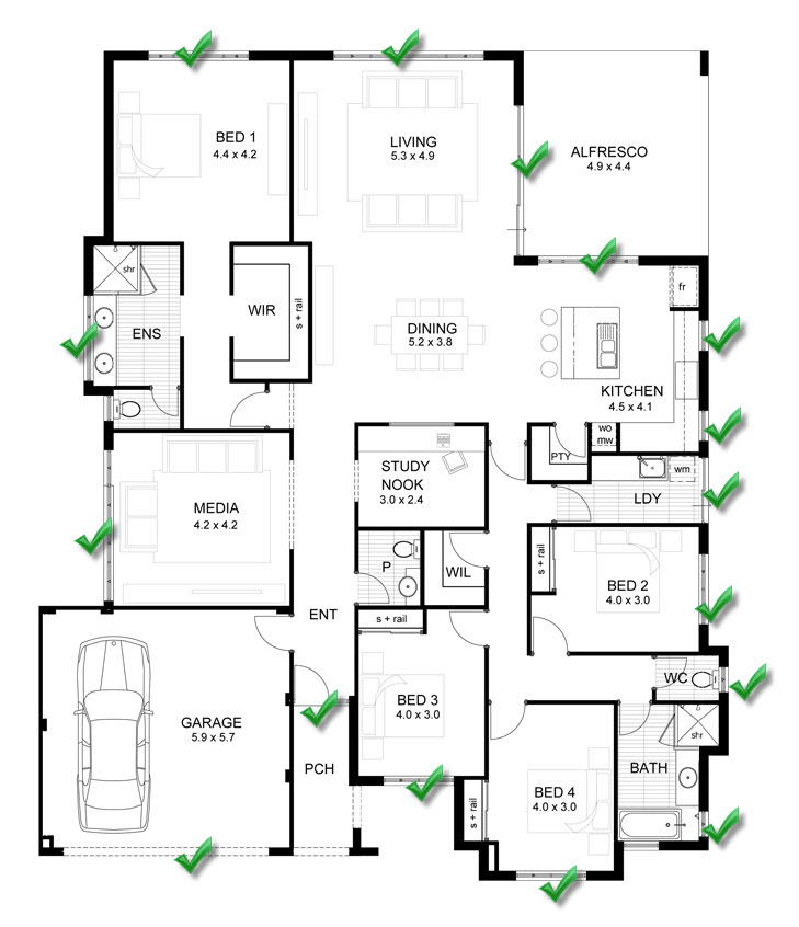 A perimeter alarm system protects all the windows and doors of this home.